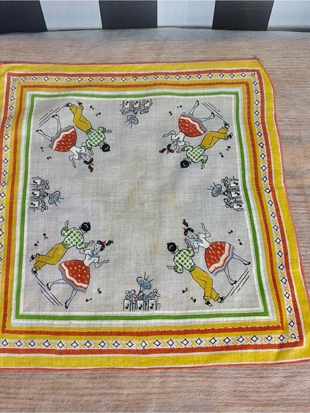 Vintage Dancing Couple Music Handkerchief Cotton Batiste Mid Century 12x12
